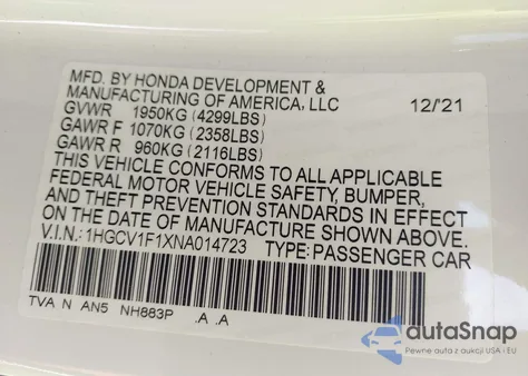 2022 Honda Accord Lx z USA, uszkodzony, nr VIN 1HGCV1F1XNA014723